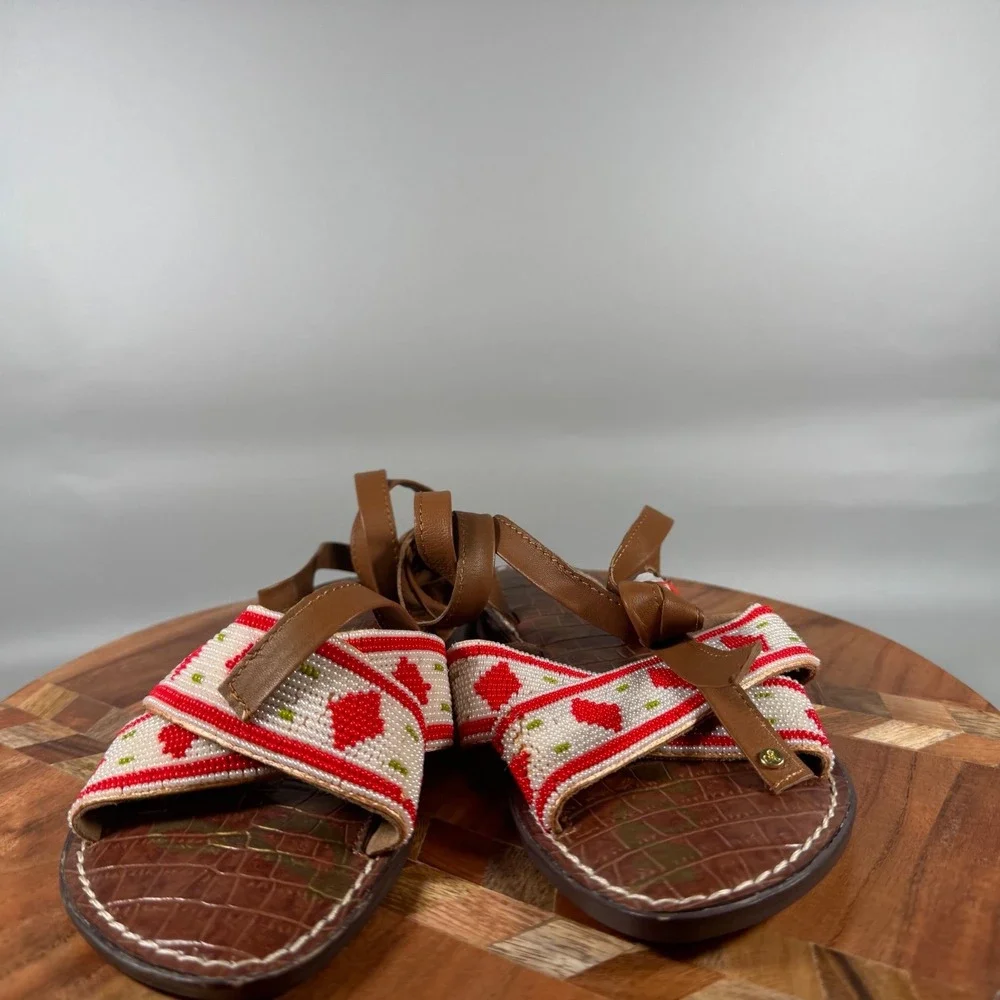 Sam Edelman Luisa Brown Red Beaded Lace Up Gladiator Sandals Womens 8M EUR‎ 38